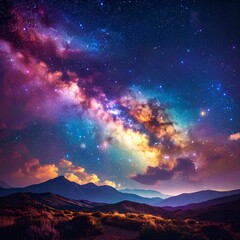 Majestic night sky over silhouetted mountains, vibrant colors swirling