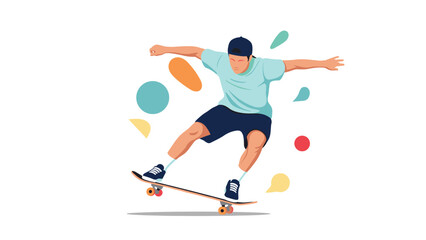 Obraz premium Dynamic illustration of a male skateboarder performing a trick in mid air surrounded by colorful abstract geometric shapes.