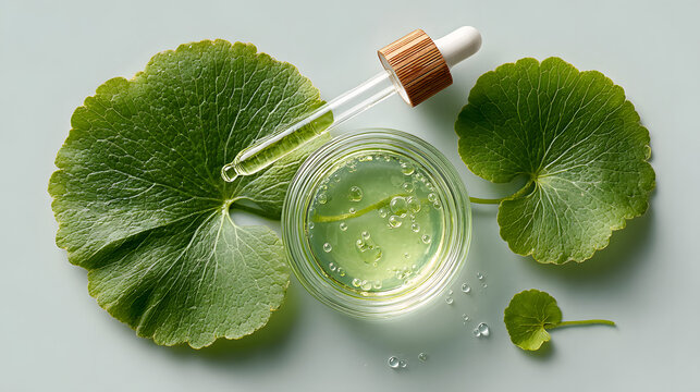 petri dishes containing a fresh Gotu Kola (Centella) leaf with a glass dropper hovering above releasing extract. wellness and pharmacy lab aesthetic mood.