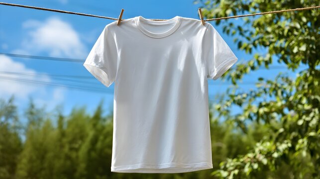 A plain white t shirt hangs on a clothesline outdoors on a sunny day with green trees and blue sky in background