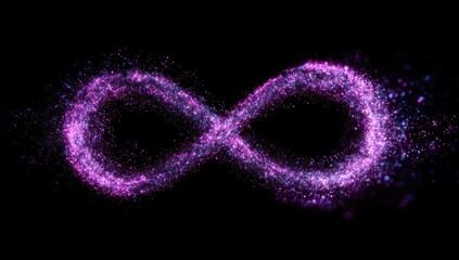 Glowing particle infinity symbol floats against a black void