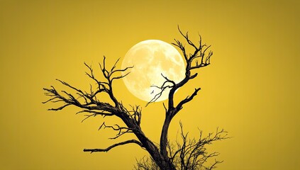 Silhouette of a bare tree against a golden, full moon backdrop in a surreal, minimalist scene