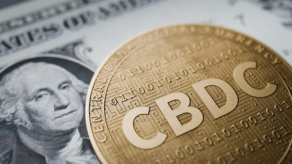 CBDC gold coin on US dollar bill bank note. 3d rendering