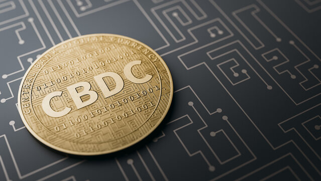 CBDC coin on circuit background with copy space. 3d rendering