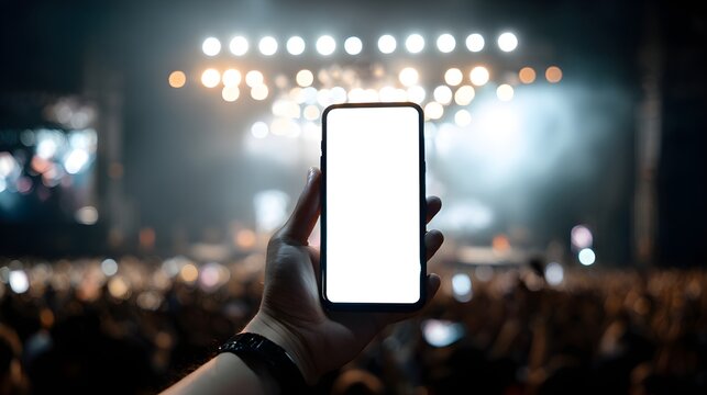 Hand holding smartphone with blank screen at a live music concert with a crowd in the background