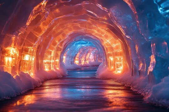 Ice cave tunnel with intricate ice formations and vibrant blue hues, creating a mesmerizing and otherworldly atmosphere.