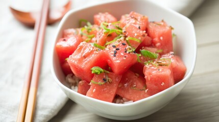 Watermelon Poke Bowl with Soy Ginger Sauce. Generative AI