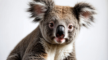 close up of a koala on a plain white background
