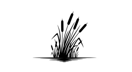 Black Silhouette of Cattails on Water.