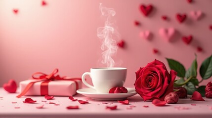 A beautifully arranged romantic scene featuring a steaming cup of coffee, a red rose, and a gift box surrounded by heart decorations.