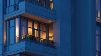 Obraz premium Balcony with lights on at evening time in a tall building in a city setting during nighttime