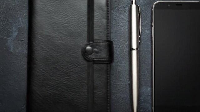 A still-life image of a black leather journal with a button clasp, a silver pen, and a blank smartphone