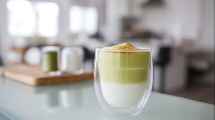 Mango Matcha Latte &ndash; Tropical Drink in a Modern Kitchen. Generative AI