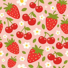 Seamless pattern with strawberries, cherries, flowers and leaves on a soft pink background. Cute summer fruit illustration for food packaging, kitchen textiles, wallpapers and decorative designs