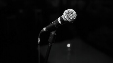 Microphone close-up in black and white with soft lighting. Generative AI