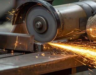 Grinding tool in action, sparks flying during metal cutting, closeup