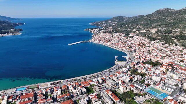 Aerial footage of Samos town on Samos island, Greece