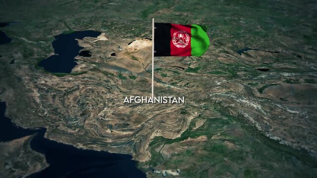 The Flag of Afghanistan on the World Map, Afghanistan flag waving on the 3d map animation 4K