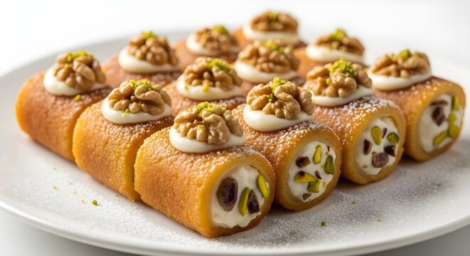 Macro close up of traditional qatayef dessert showing creamy filling nuts and soft Ramadan theme.