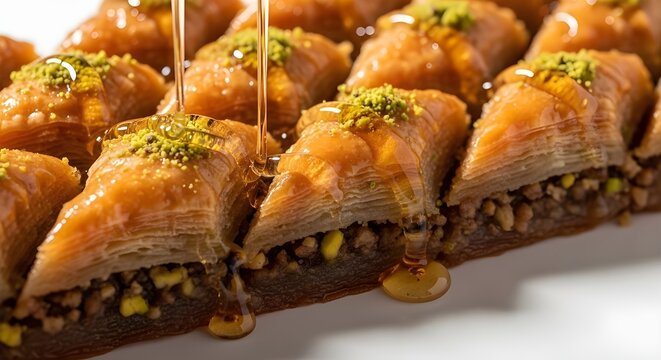 Beautiful close up of golden qatayef dessert with cream filling nuts and elegant Ramadan watermark.