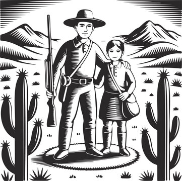 A vintage style illustration depicts a frontiersman with a young girl in a desert landscape