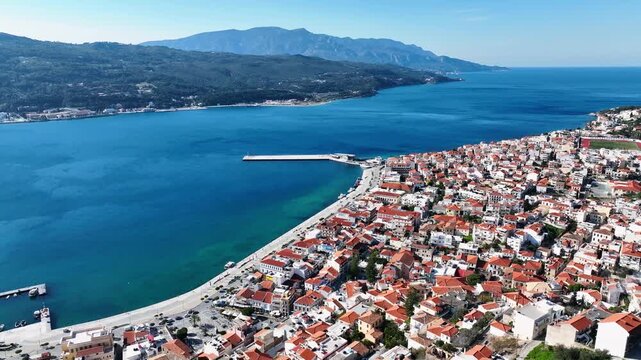 Flying over Samos town, Greece on a sunny day