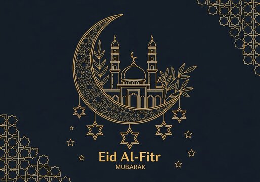 Celebrating eid al-fitr with a golden crescent and mosque