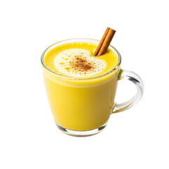 Obraz premium Golden Milk Latte with Cinnamon Stick on White Background.