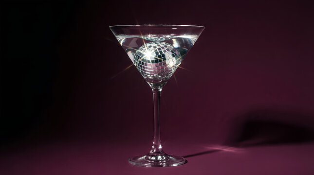 Disco ball in martini glass on plum noir color background. Banner template for party drink and celebration concept for New Year Eve or wedding, Hen party and Women's day, copy space.
