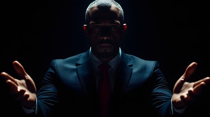 Mysterious executive presents open palms emerging from deep shadow under focused spotlight