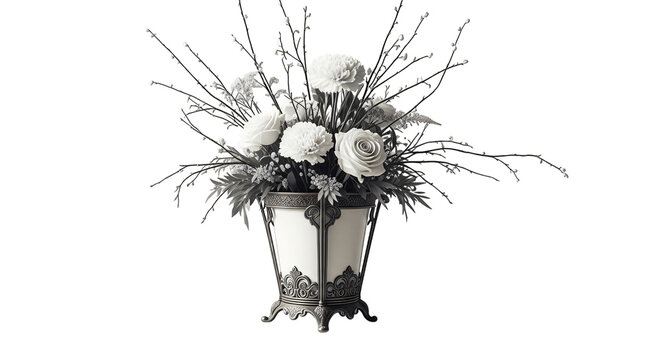 Beautiful white flower arrangement in elegant decorative vase with twigs isolated on transparent transparent background