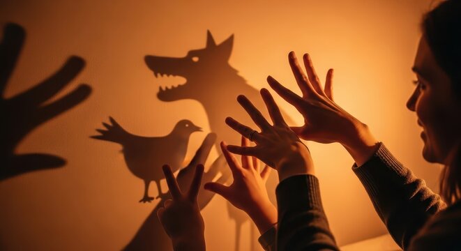 People create dramatic shadow puppets depicting animals against an illuminated wall surface