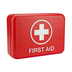 Obraz premium Red First Aid Kit with White Cross Symbol on White Background.