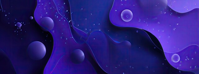A vibrant abstract composition with flowing shapes and spherical elements in shades of purple and blue
