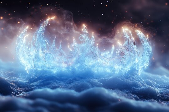A luminous light shines on a blue and white cloud.