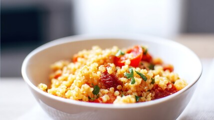 Fluffy bulgur with pepperoni and herbs in a bowl close-up view. Generative AI