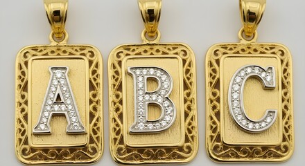 Three luxury gold rectangular pendants with diamond-encrusted initials A, B, and C in ornate filigree frames
