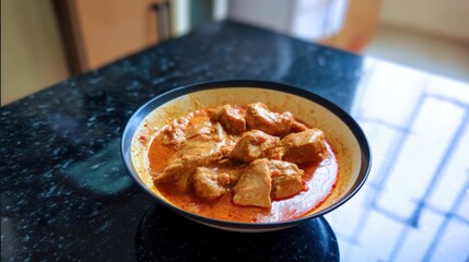 Butter chicken simmered in silky tomato butter gravy with soft tender pieces. Generative AI