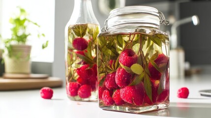 Raspberry leaves with fruit soaking in a clear syrup in a modern kitchen. Generative AI