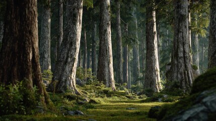 Obraz premium Tall trees line a path in a dense forest with sunlight filtering through the leaves during a sunny day