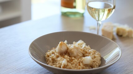 Creamy Risotto with Wolffish and Parmesan in Modern Kitchen. Generative AI