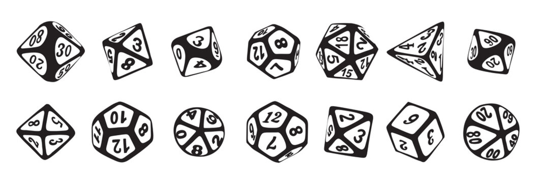 Vector icon set of dice for boardgames in doodle style black-white colors