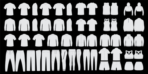 Clothing apparel fashion outfit garment wardrobe tshirt hoodie jacket sweater polo tanktop sportswear activewear mockup template outline vector illustration design set