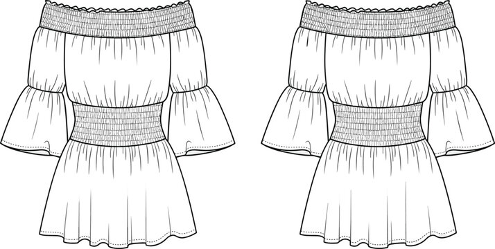 Off shoulder smocked mini dress technical fashion illustration with front and back views, ruffle neckline and bell sleeves