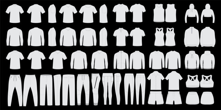 Clothing apparel fashion outfit garment wardrobe tshirt hoodie jacket sweater polo tanktop sportswear activewear mockup template outline vector illustration design set