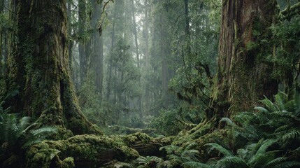 Obraz premium Tall trees surround green plants in a forest with mist on the ground during a cloudy day