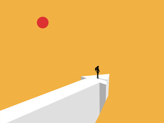 businessman stood at the edge of the cliff, pointed to by the arrow