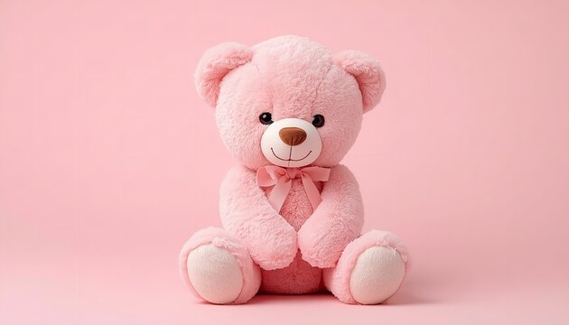 A cute pink teddy bear sitting on a pink background with a bow around its neck