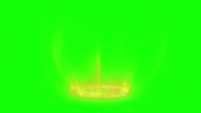 Mesmerizing bright yellow magic portal effect glowing with energy rings and vertical light rays animating on a vibrant green screen background for fantasy visual production