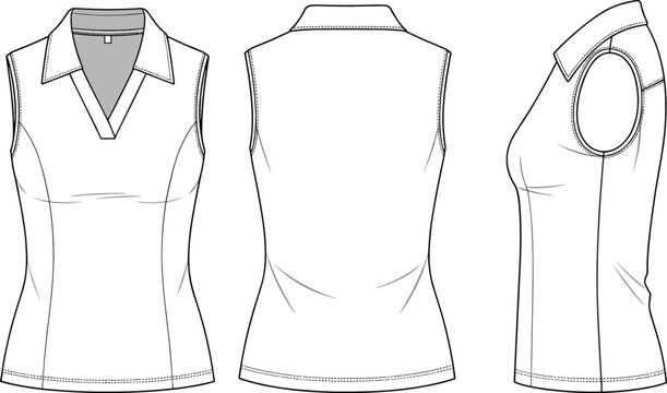 Women sleeveless polo top technical flat sketch with front back and side views, collar neckline details, fashion design template illustration